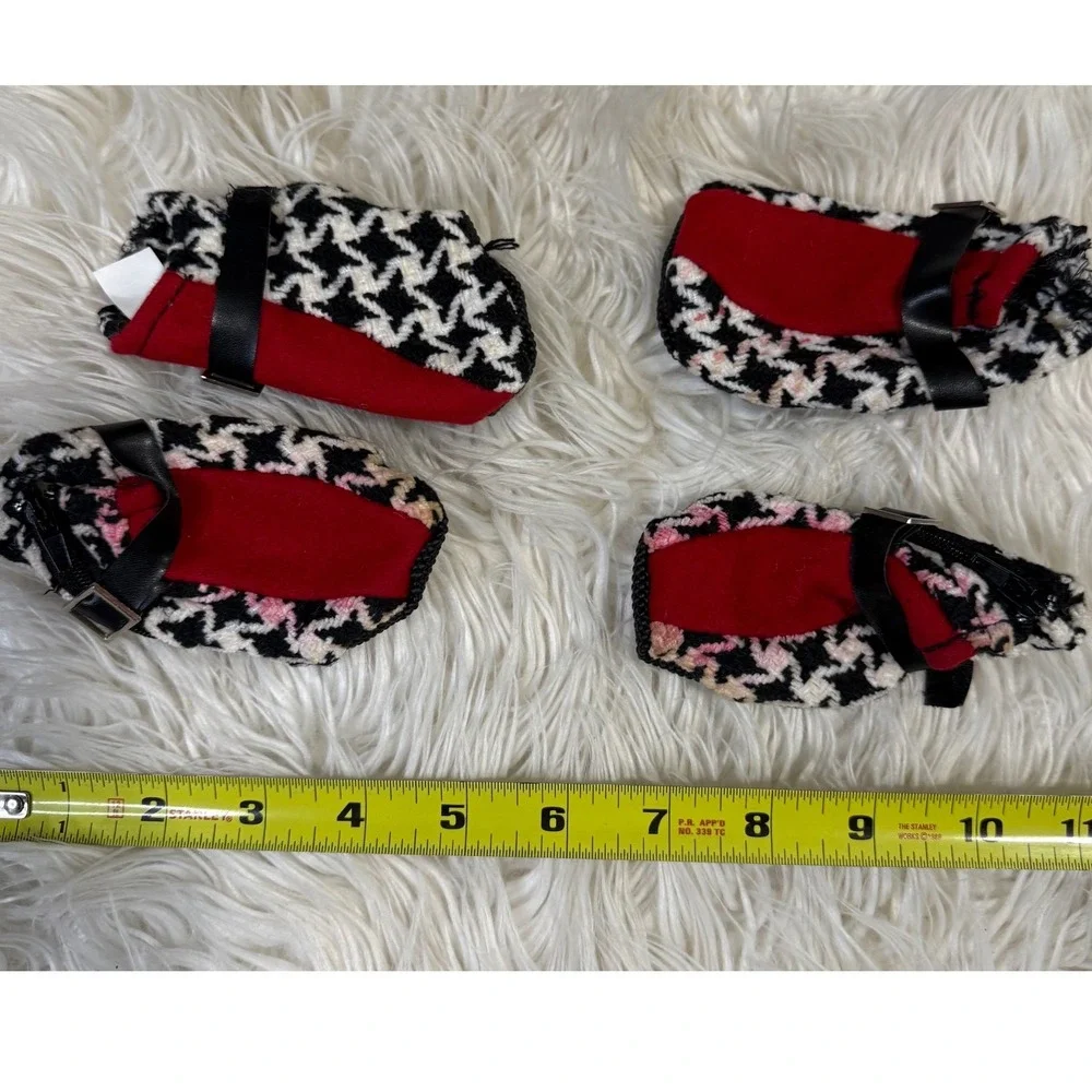 Houndstooth Dog Booties Set of 4 Black White Red Zipper Buckle Pet Shoes Small
